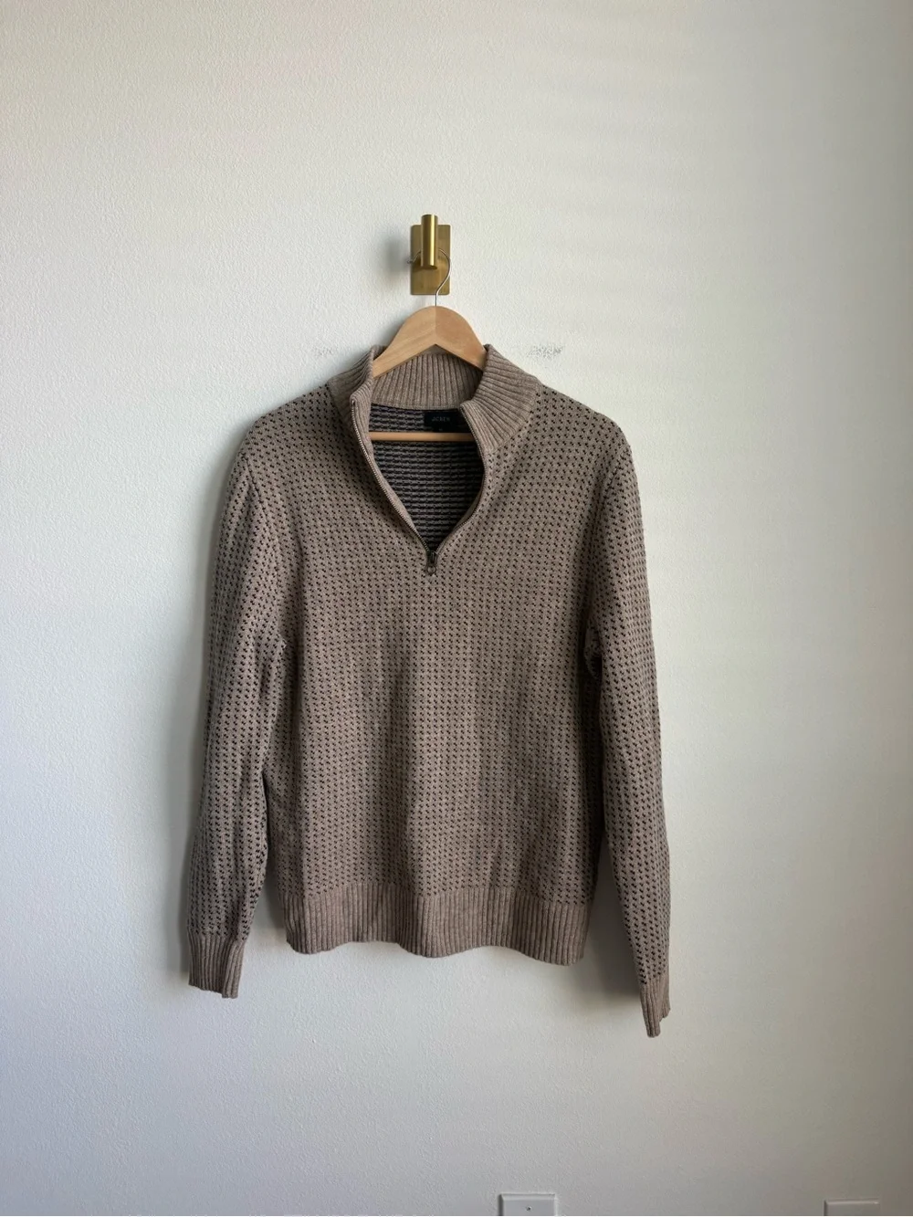 J.Crew Rugged Merino Birdseye Half Zip Sweater Tan Navy Men's Medium